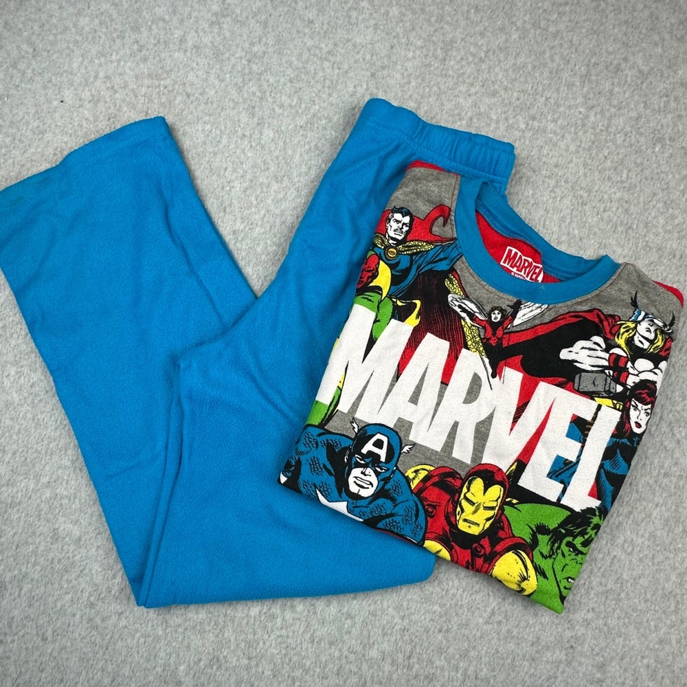Marvel‎ Comics Avengers Boys Pajama Set Fleece Blue Red Size 10/12 Long Sleeve